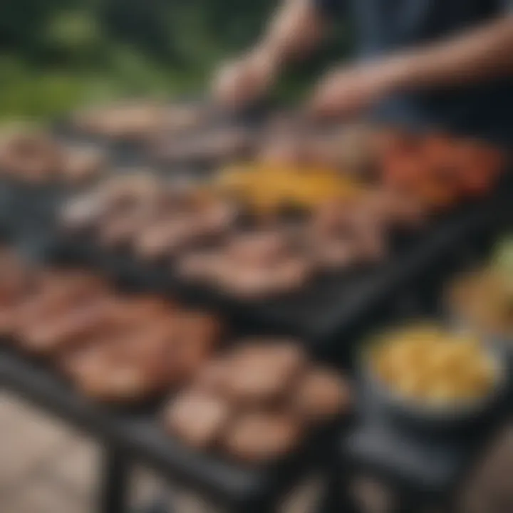 A four-burner grill with various meats and sides arranged for a feast