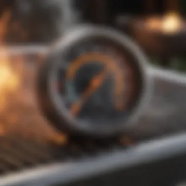 A close-up of a grill thermometer displaying optimal cooking temperature