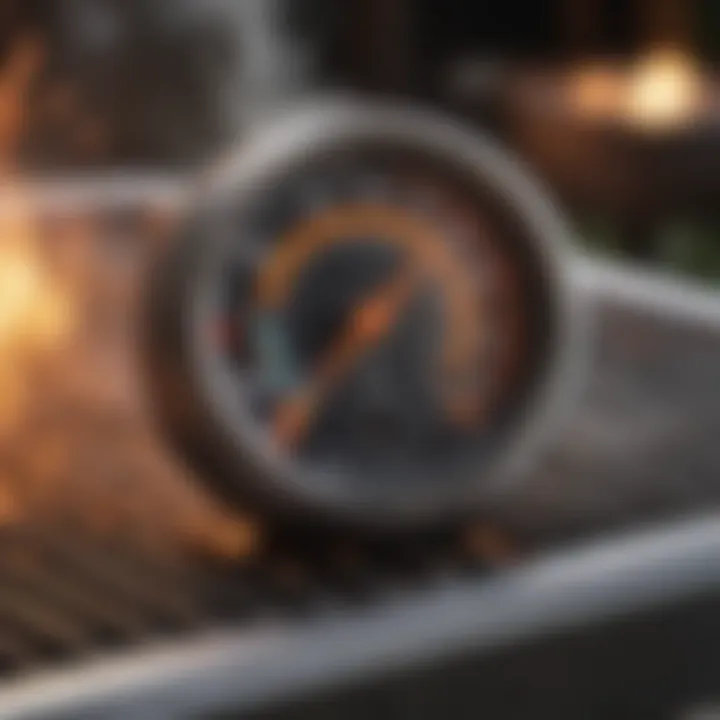 A close-up of a grill thermometer displaying optimal cooking temperature