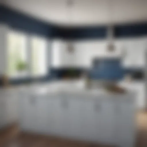 Elegant kitchen featuring white cabinets and a soft blue accent wall