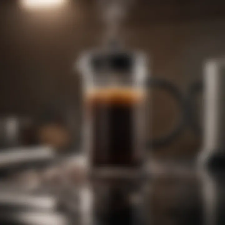 Close-up of coffee brewing in a thermal French press