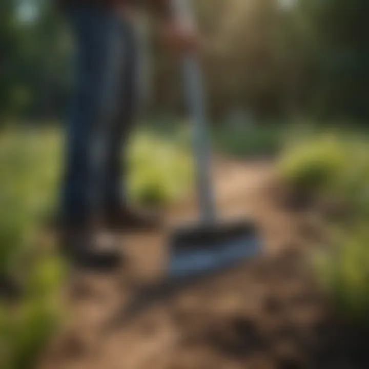 Gardener demonstrating the use of a hoe for weed control