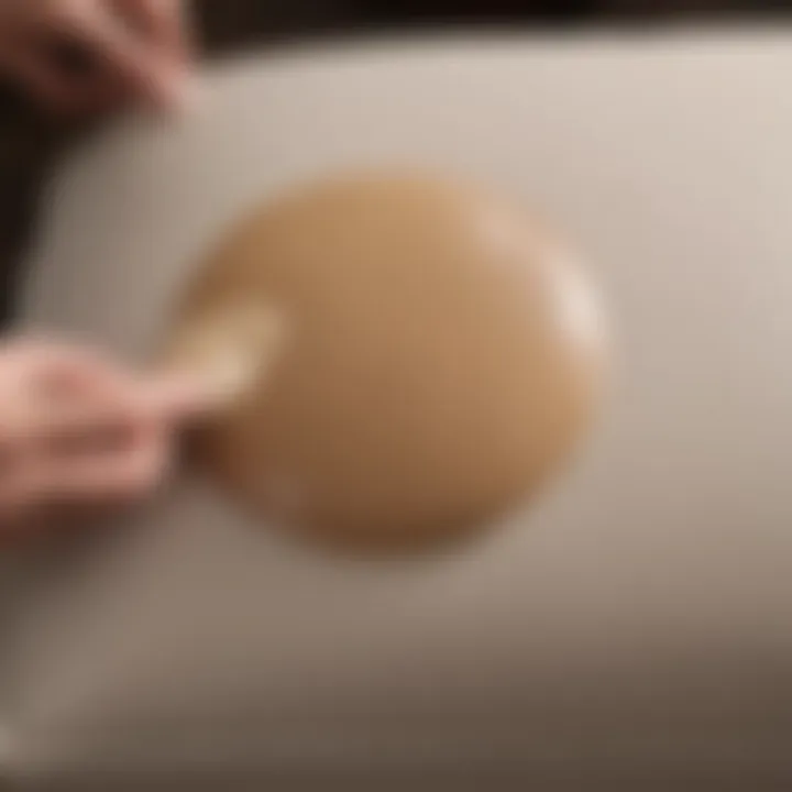 Close-up of leather cream being applied on sofa cushion