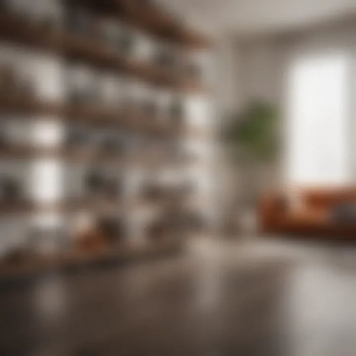 Floor shelves used as a divider in an open-plan living area