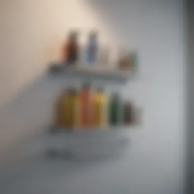 Close-up of thin shelves holding bathroom essentials