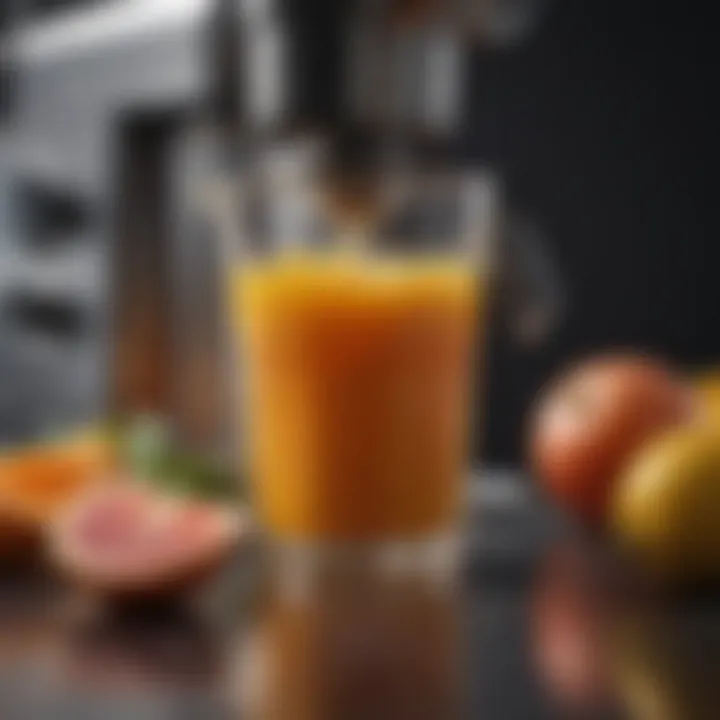 A close-up of juice being extracted from fruits in a slow juicer.