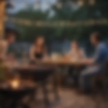 A captivating evening scene of friends enjoying a barbecue under string lights.