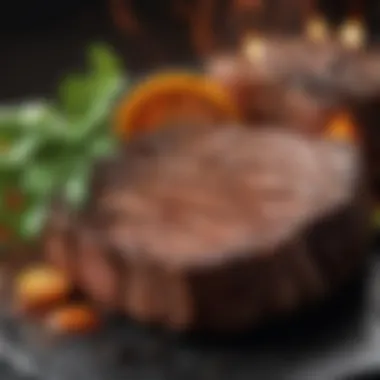 Perfectly Grilled Steak A close-up of expertly grilled steak with a tantalizing char and vibrant garnishes.