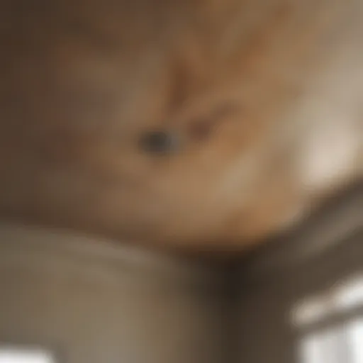 Close-up of a water-stained ceiling showing discoloration and potential damage.
