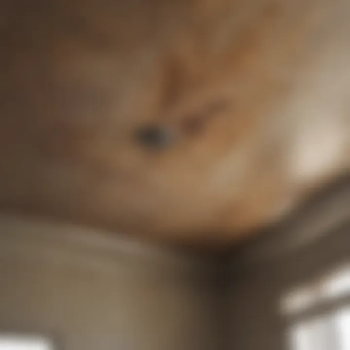Close-up of a water-stained ceiling showing discoloration and potential damage.