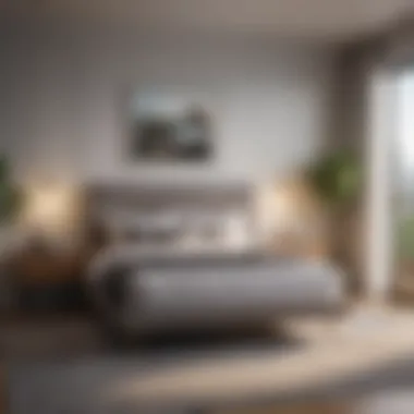A modern bedroom featuring a stylish 54 x 75 bed