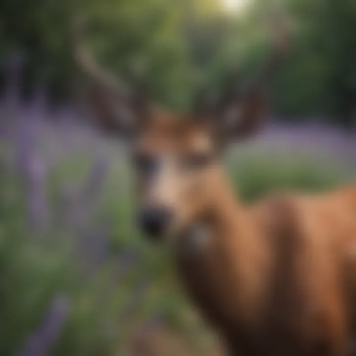 Close-up of a deer sniffing lavender plants