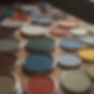 Close-up of paint samples arranged on a wooden surface