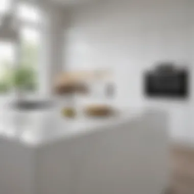 A close-up of innovative materials used in white kitchen design.