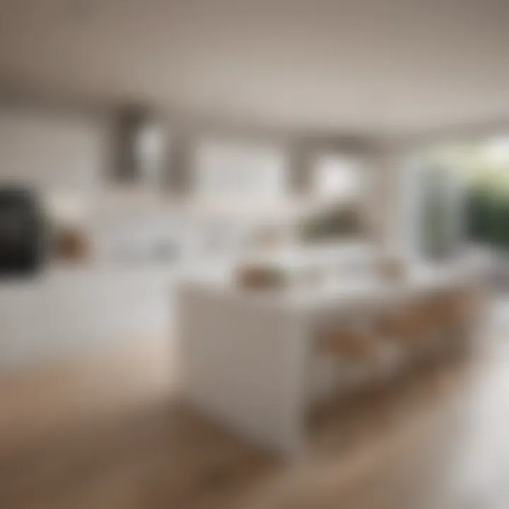 An open-plan white kitchen showcasing a harmonious layout with dining area.