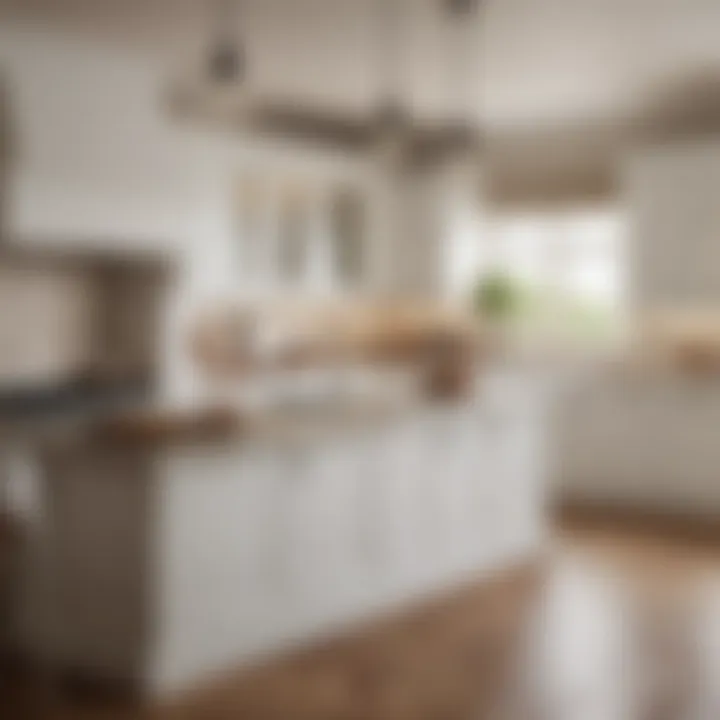 A traditional white kitchen with classic elements and warm lighting.