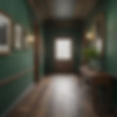 Elegant Hallway with Wood Accents An elegant hallway featuring green paint paired with wooden accents, highlighting design harmony.