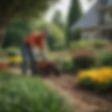 Gardener applying fertilizer in a colorful garden