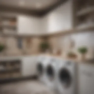 Modern laundry room with elegant shelving and decorative elements