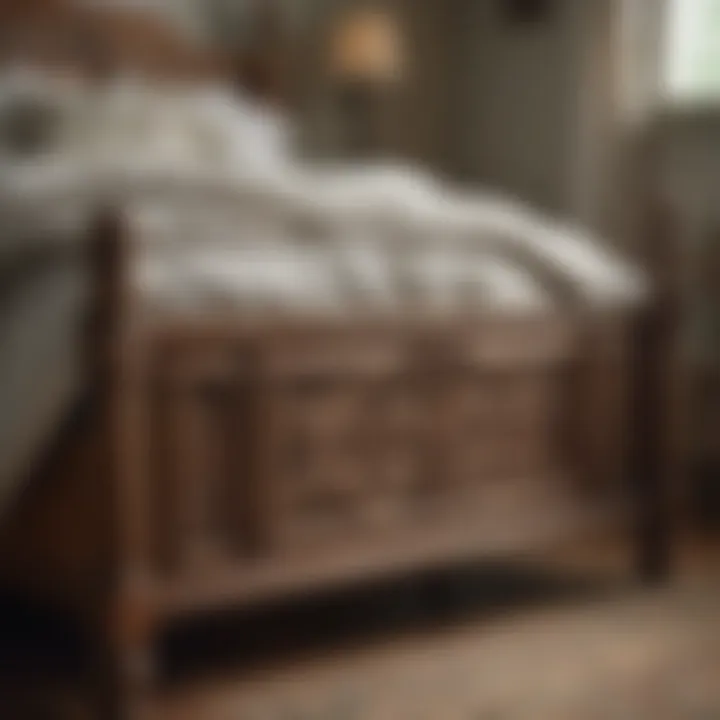 Detail of a vintage farmhouse bed frame highlighting intricate design