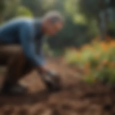 Gardener inspecting flower soil for moisture