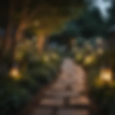 Guiding Light: Lanterns Along a Garden Path A beautifully illuminated garden path with lanterns guiding the way.
